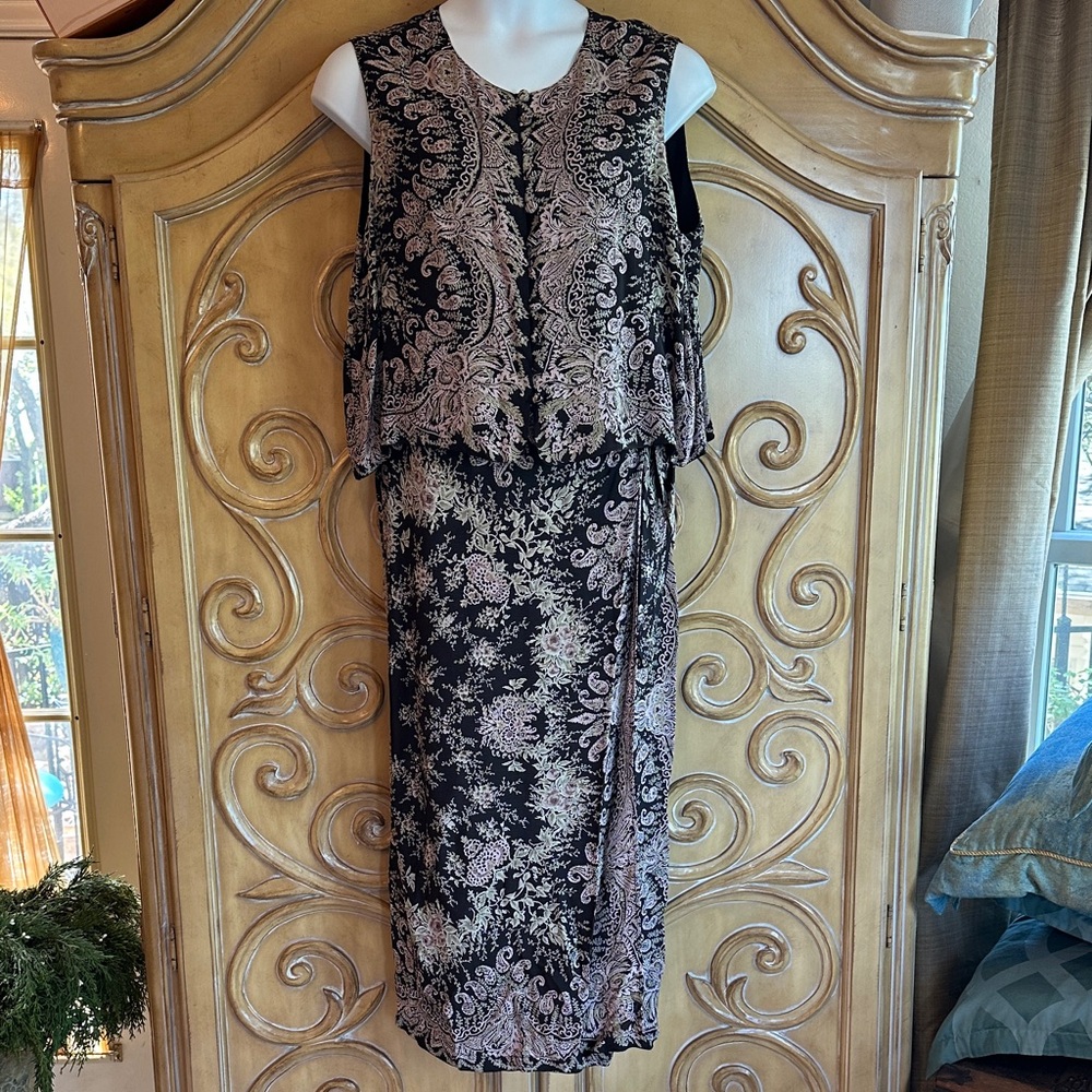 Black Floral Paisley Wrap Midi Skirt with Pink & Cream Accents